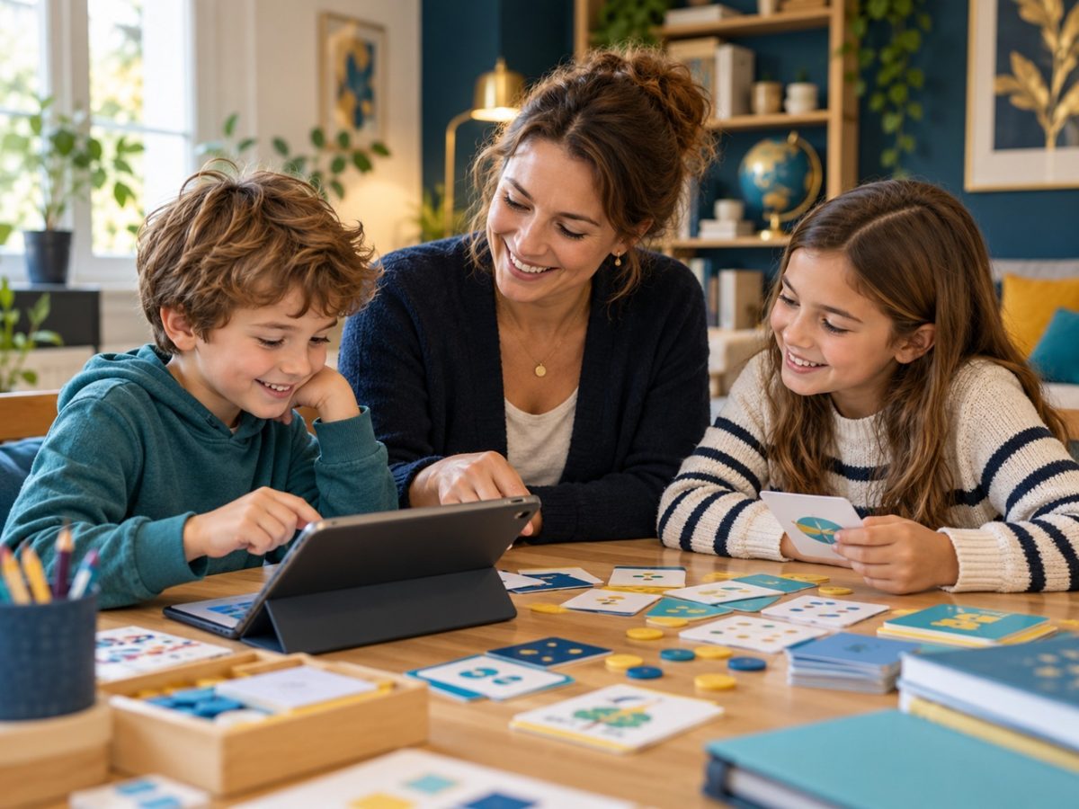 Une accompagnante aide deux enfants à apprendre avec une tablette et des cartes de jeux éducatifs.